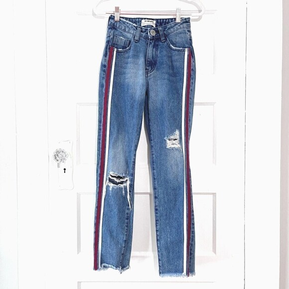 One X One Teaspoon Jeans Women 23 Blue Tuxedo Stripes Distressed Straight Grunge - Picture 1 of 10